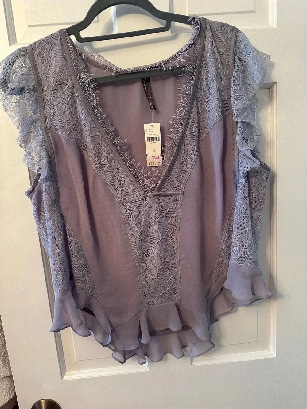 Anthropologie Lace-Panel Ruffle V-Neck Top in Dusty Lavender - Picture 6 of 6
